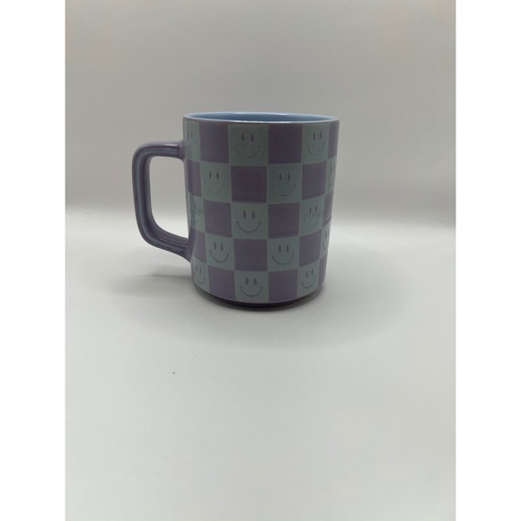 New Smiley Face Coffee Mug‎ Checkered Pattern Purple Blue - Picture 1 of 5